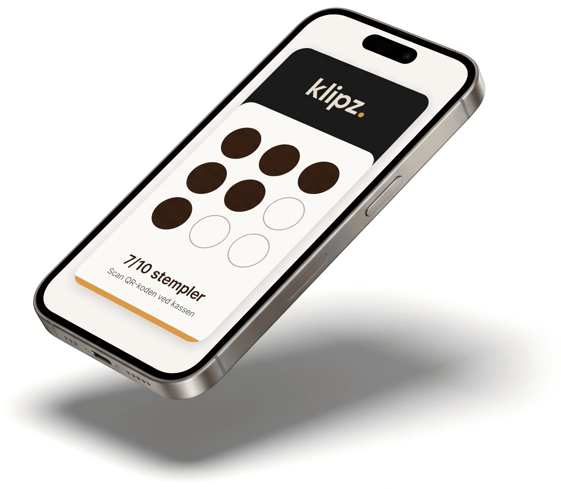En telefon der viser et Klipz-kort i wallet med syv ud af ti stempler samlet.