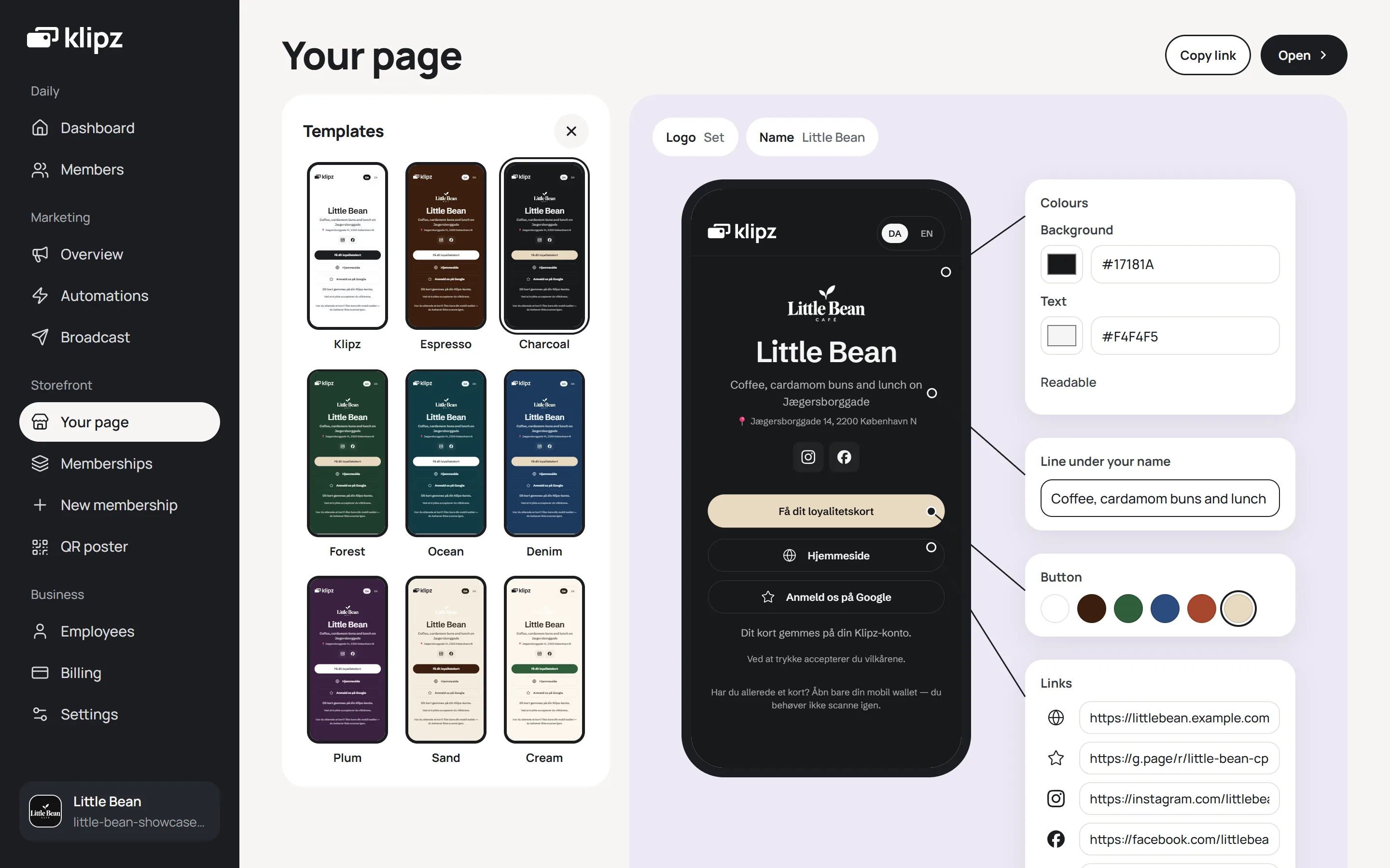 The Your page editor in Klipz: templates, the page as a customer sees it on their phone, and its colours and links.