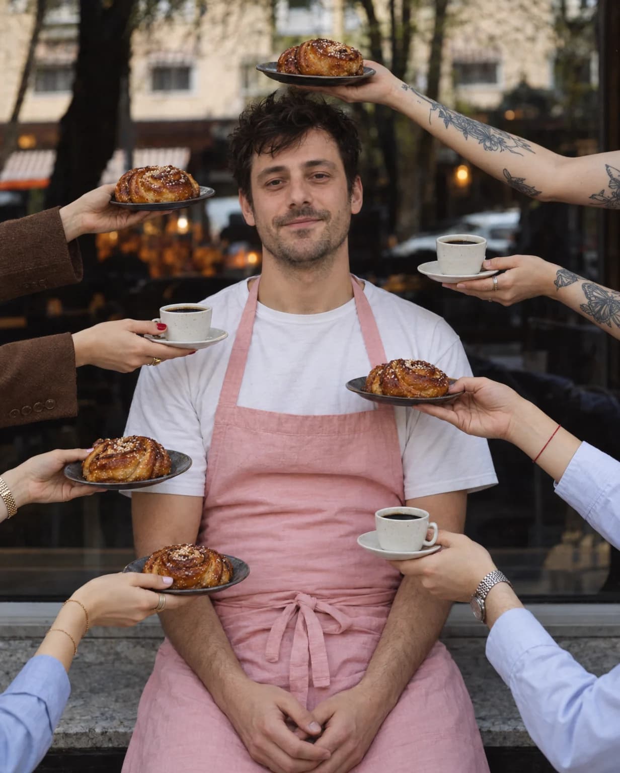 En mand med et stille smil og lyserødt forklæde sidder foran et cafévindue, mens otte hænder rækker ind fra siderne, hver med en kanelsnegl eller en kop kaffe.